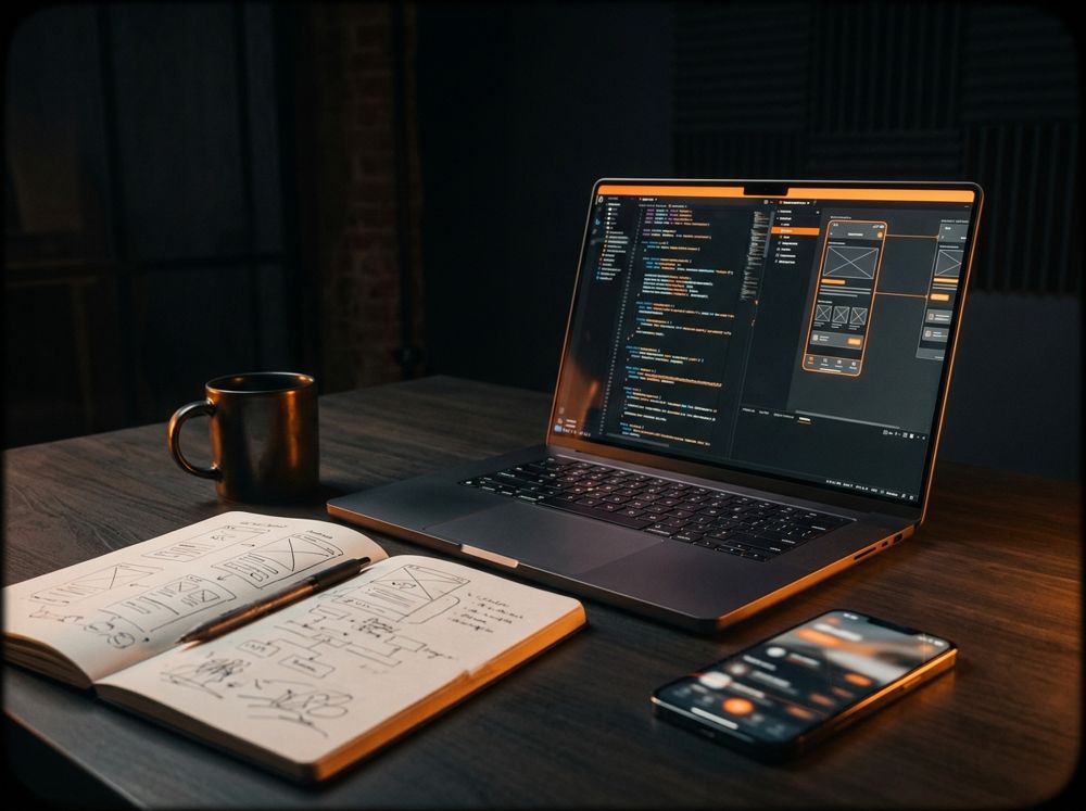 Escritorio de trabajo con laptop, cuaderno de bocetos y celular